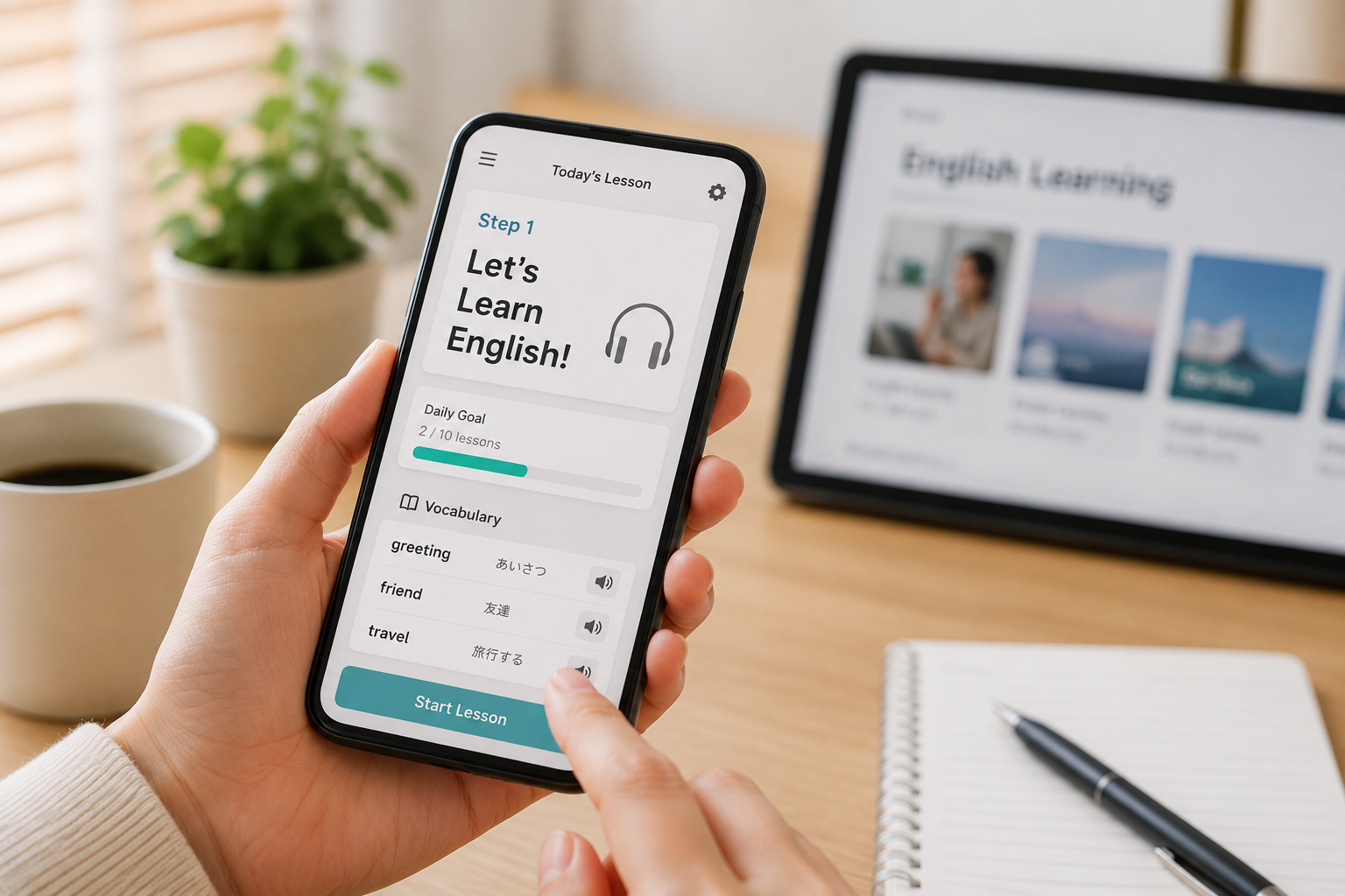 スマートフォンのAI英会話アプリで英語学習を進めるイメージ